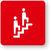Immagine di due persone che salgono una scala su sfondo rosso