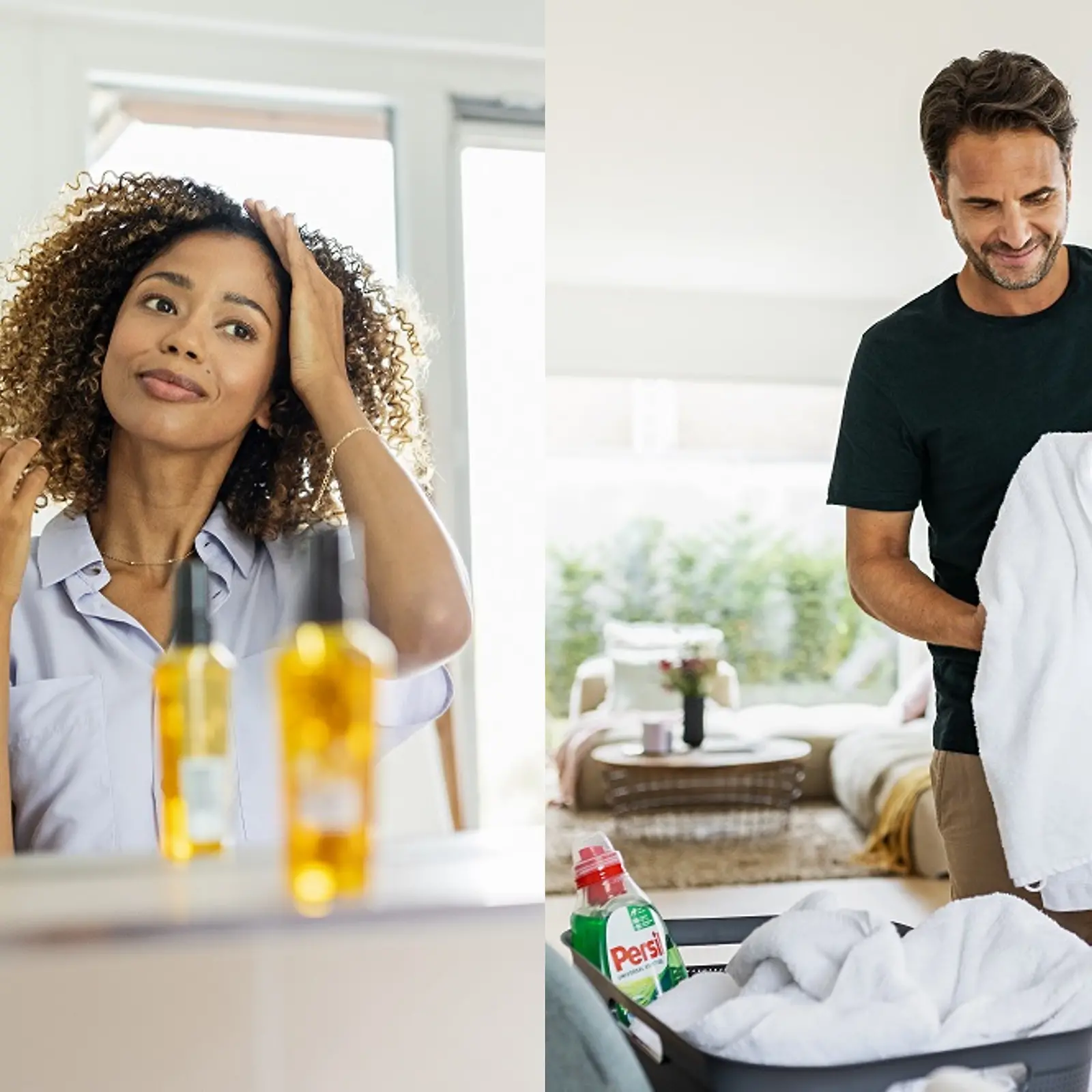 A sinistra: donna che si applica sui ricci un prodotto per la cura dei capelli; a destra: uomo che piega il bucato