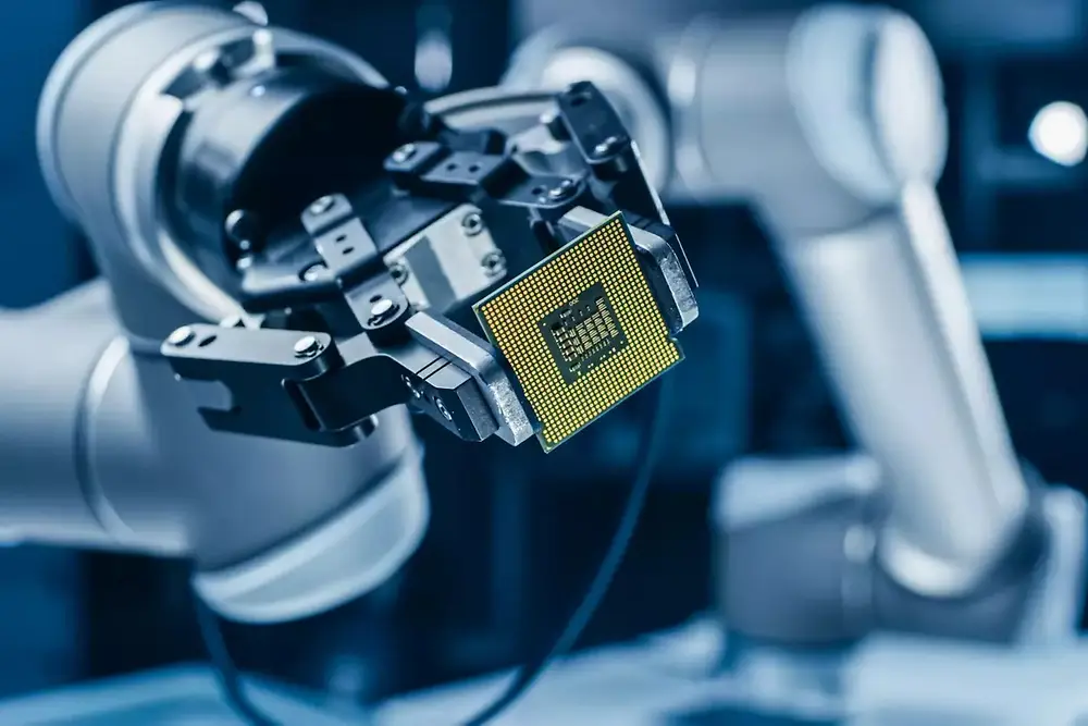 Braccio robotico che aziona macchinari automatizzati in un ambiente di produzione di semiconduttori.