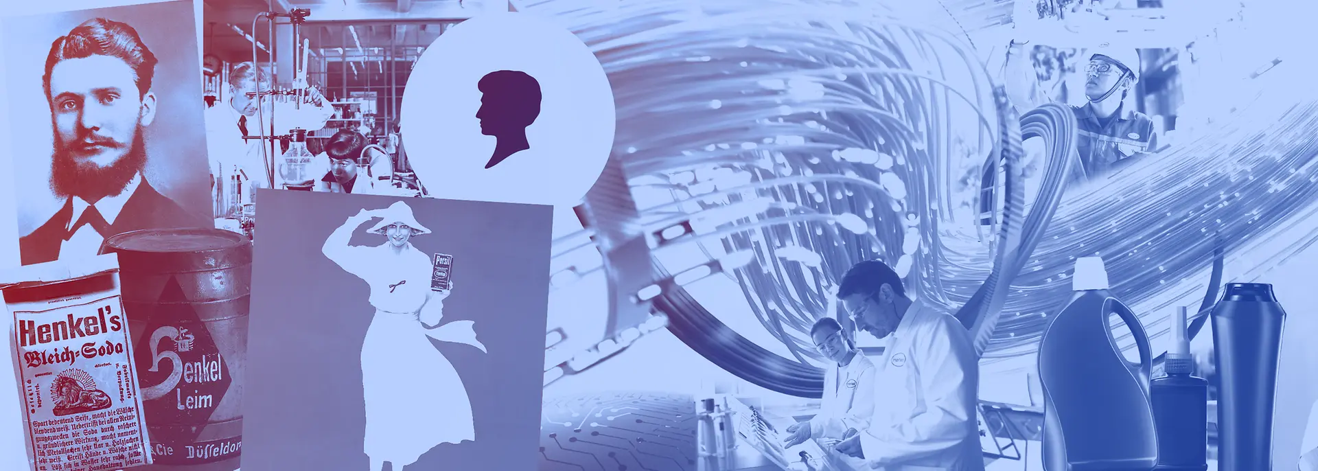 Collage di prodotti Henkel vintage, flaconi di detergenti, operatori di laboratorio e pubblicità storiche su sfondo blu