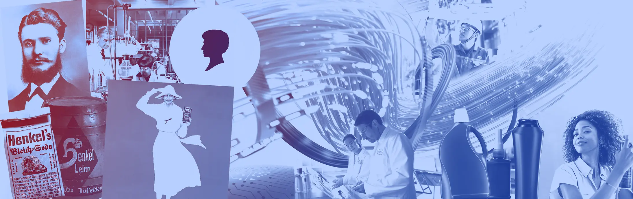 Raccolta di prodotti Henkel d'epoca, flaconi di detersivo, tecnici di laboratorio e pubblicità storiche nei toni del blu