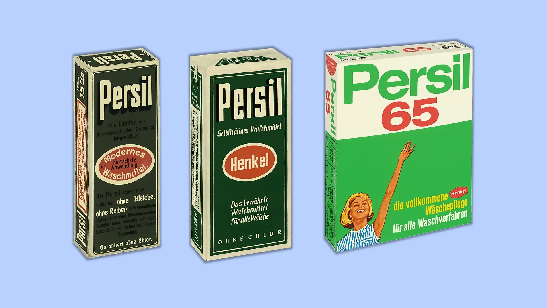 Collage con tre diverse confezioni di Persil di decenni diversi. Il packaging è realizzato con il tipico design verde Persil con scritte bianche. L'ovale rosso Henkel è posizionato al centro. Con il tempo, il packaging diventa leggermente più largo, ma il design non cambia.