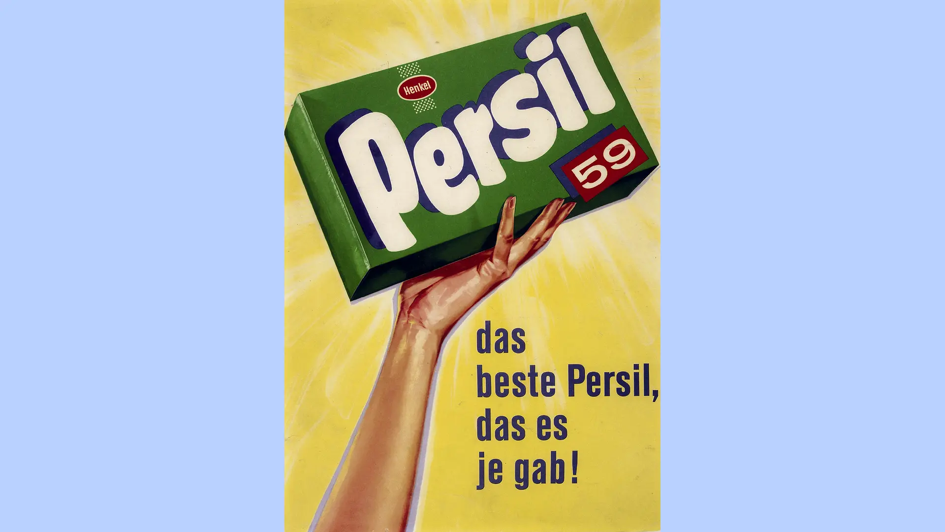 Un manifesto pubblicitario verde che mostra una confezione di detersivo Persil 59