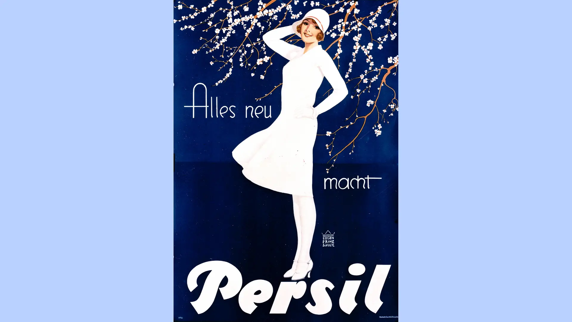 La Dama bianca su sfondo blu scuro con fiori di ciliegio e lo slogan "Alles neu macht Persil" (Tutto diventa nuovo con Persil).