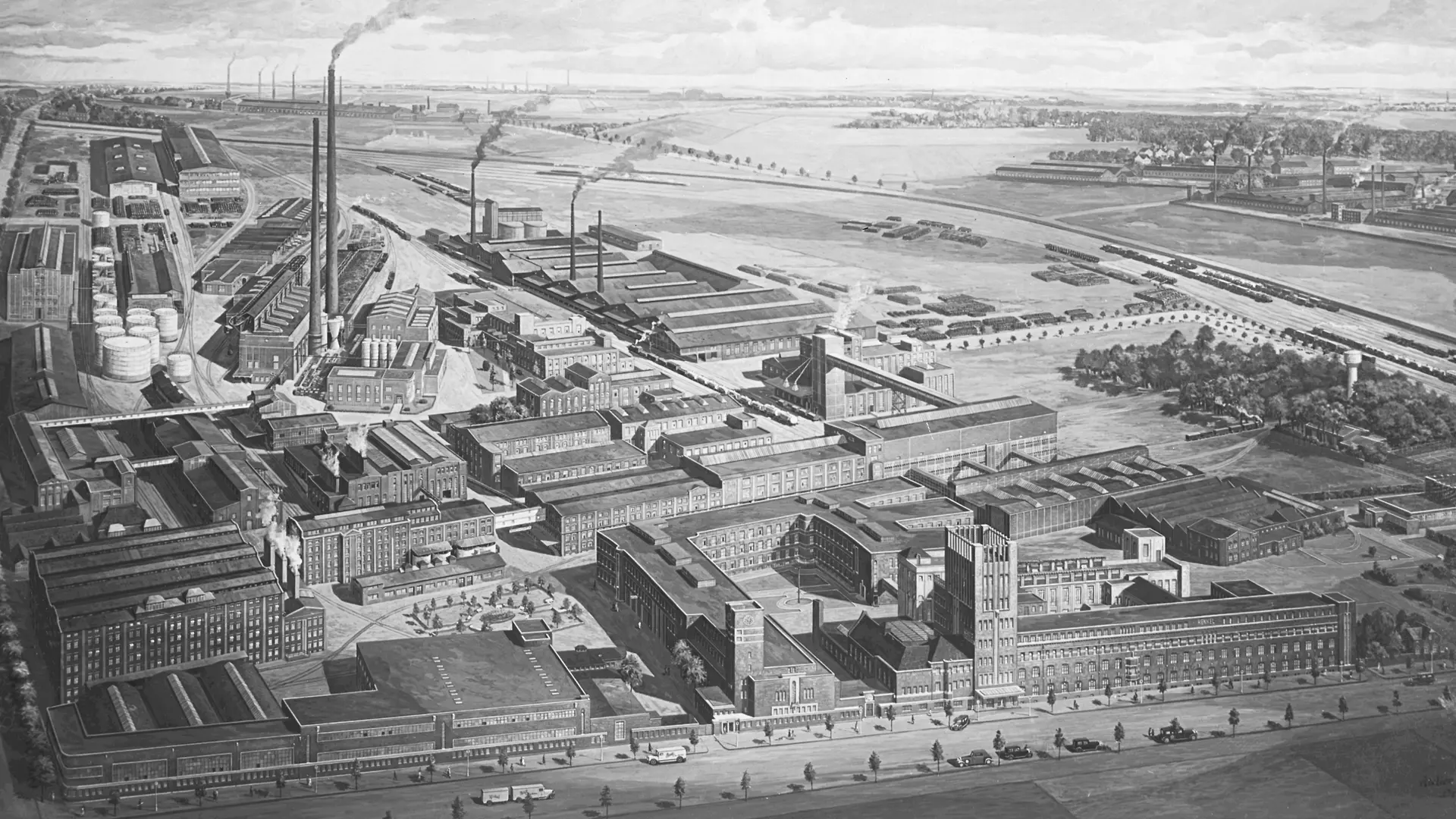 Disegno dell'esterno dello stabilimento Henkel di Düsseldorf-Holthausen.