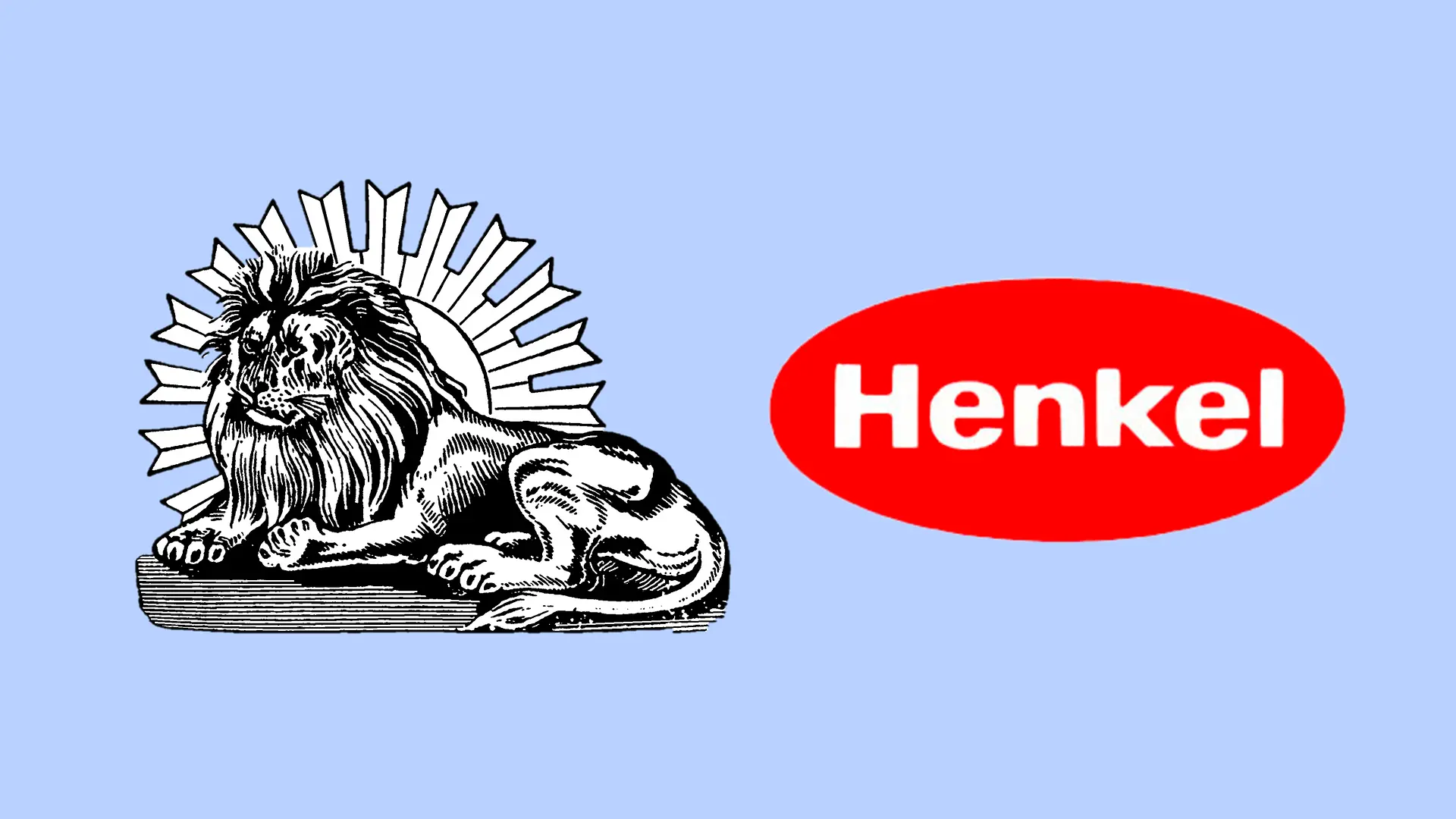 Un collage mostra i due noti loghi: lo storico leone Henkel è raffigurato accanto all'ovale Henkel (a destra).