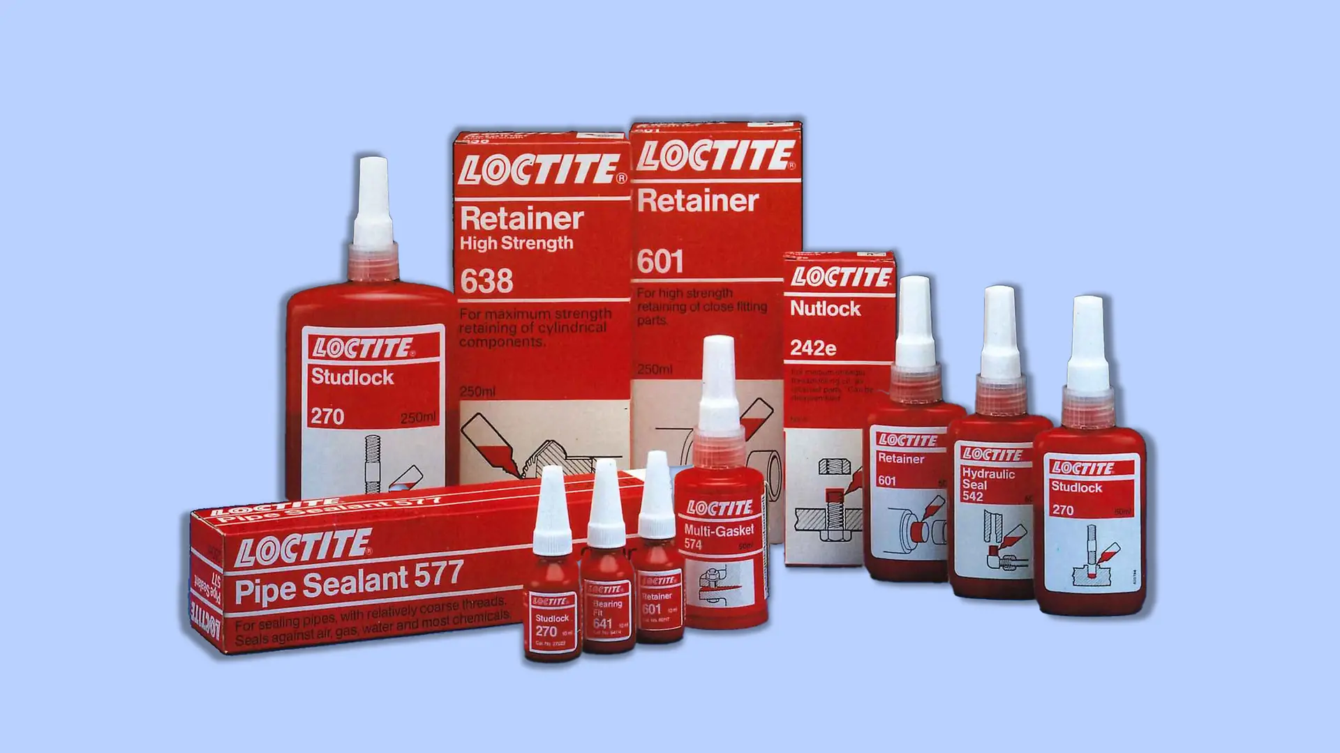 L'assortimento Loctite degli anni '90: vari prodotti per applicazioni industriali.