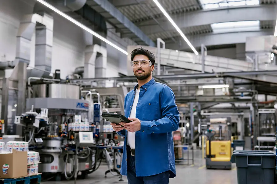 Uomo in piedi in un moderno impianto di produzione, con in mano un tablet e con indosso occhiali di sicurezza, a rappresentare l'innovazione e la digitalizzazione nella produzione di Henkel.