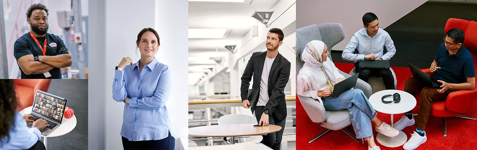 Un collage di immagini di persone diverse, sia uomini che donne, in vari contesti, mentre lavorano alla scrivania e collaborano in team.