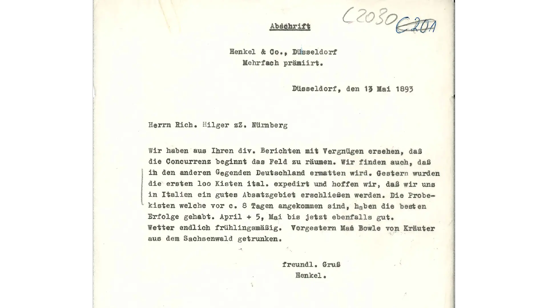 Lettera di Fritz Henkel del 1893 che esprime il suo interesse per il mercato italiano