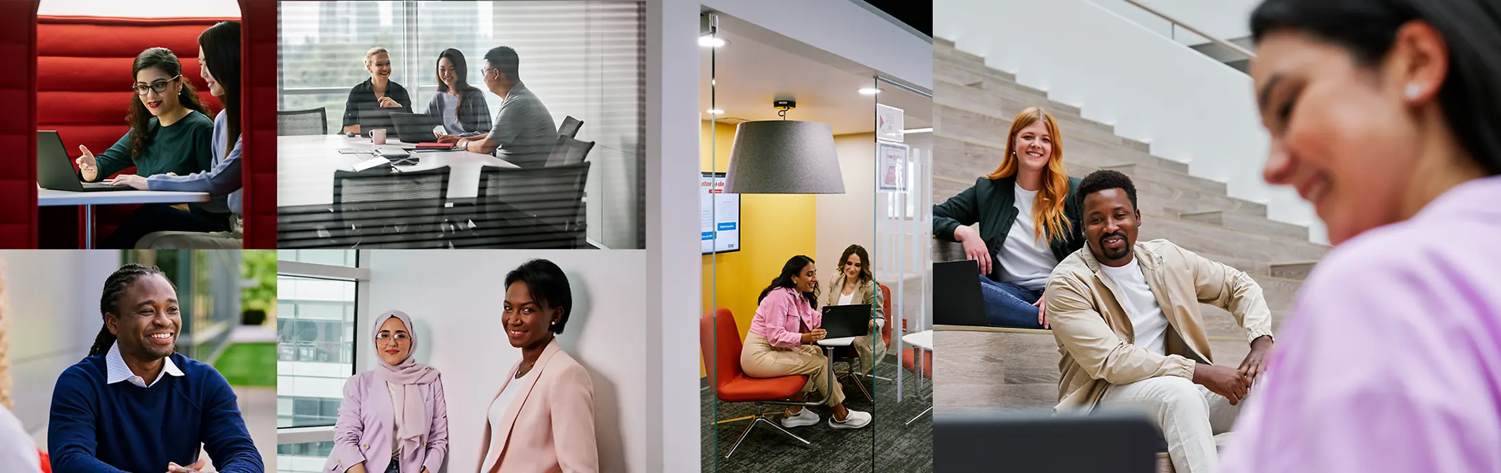 Collage di scene che mostrano persone impegnate in diverse fasi di un processo di selezione e durante dei colloqui, tra cui persone che lavorano al computer, discutono con altre in ufficio e presentano informazioni durante una conversazione.