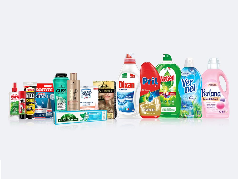 Una selezione dei prodotti Henkel in Italia.