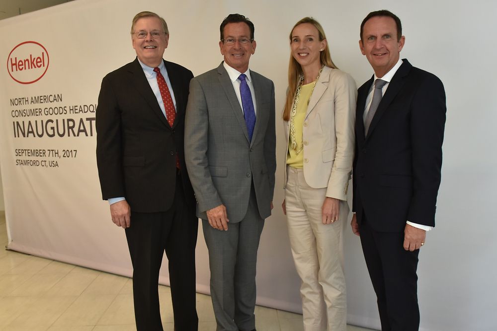 At the inauguration (from left): David R. Martin, Dannel Malloy, Dr. Simone Bagel-Trah, and Henkel CEO Hans Van Bylen