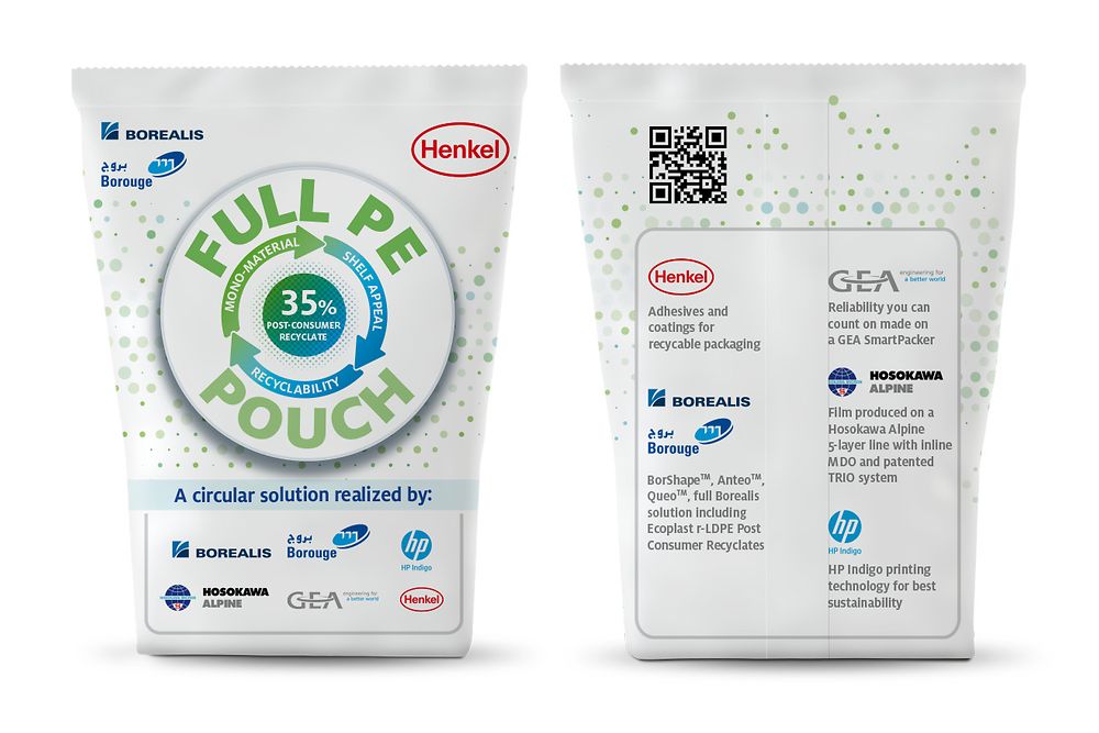 Borealis and Henkel are working on a pilot for a full PE laminate stand-up pouch that contains both virgin and recycled ingredients with 35 percent post-consumer recycled low density polyethylene (r-LDPE)